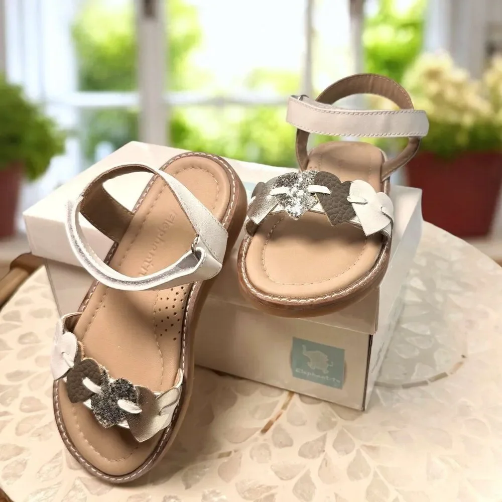 Elephantito Caro Cuore Leather Sandal Girls White Silver Hearts Size 10 EU 26